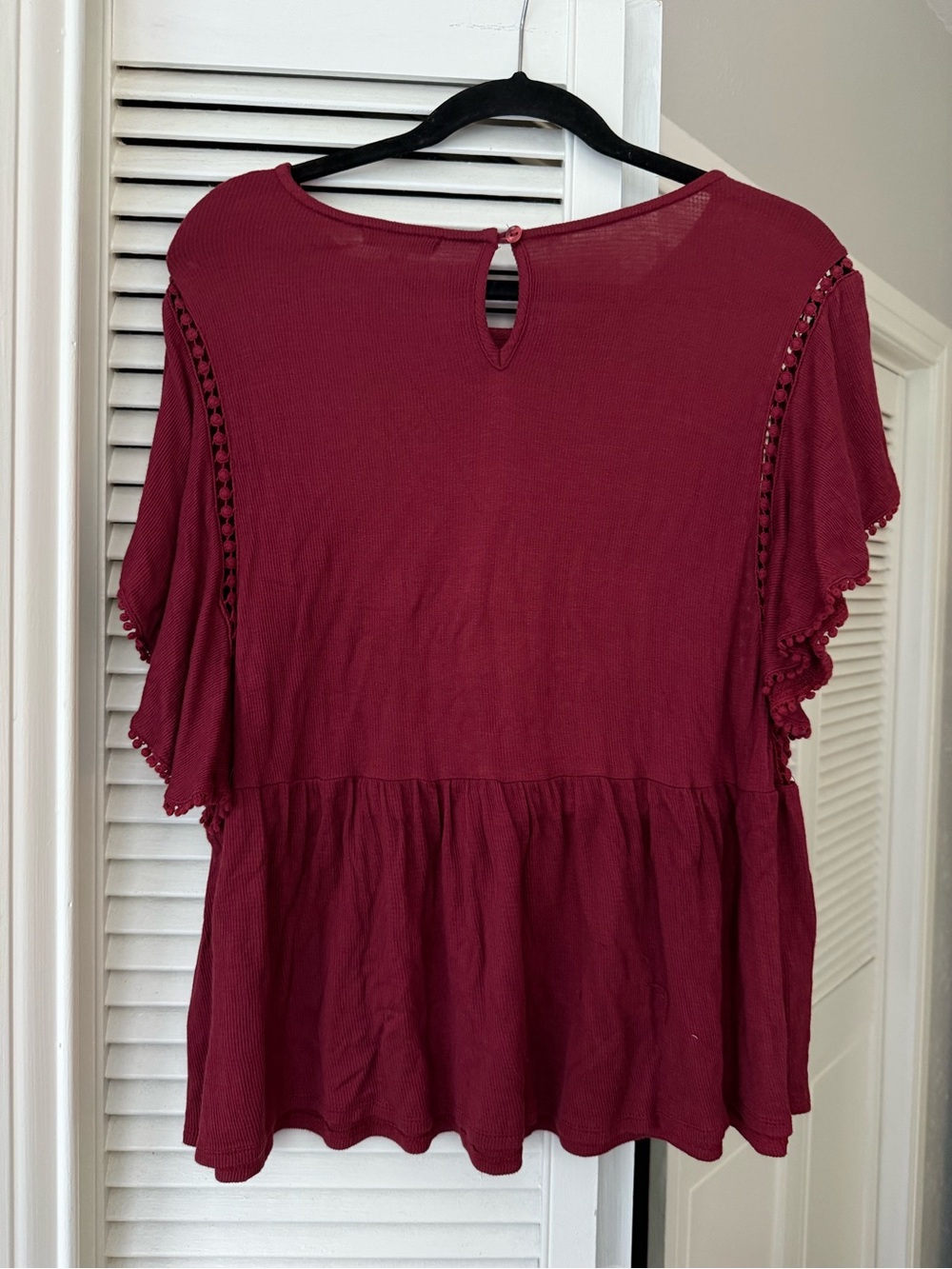 Anthropologie Wine Ruffle Sleeve Peplum Top